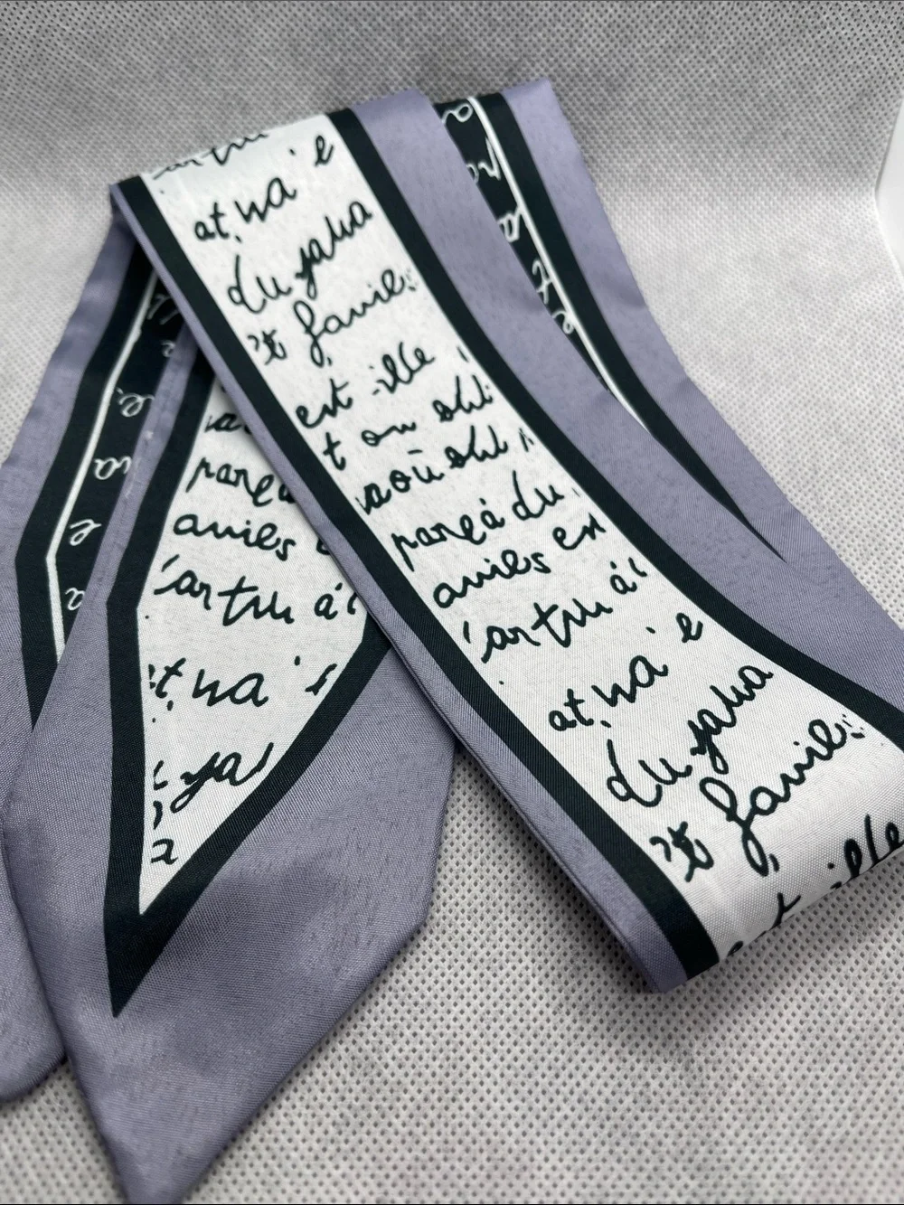 Silk Script Print Skinny Scarf in Lavender and Black